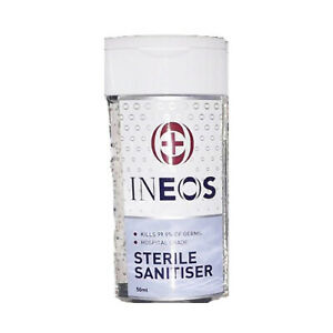 INEOS 50 x 50ml STERILE HAND SANITISING GEL HOSPITAL GRADE - Carton Size  50 x 50ml UNITS (£0.63 per bottle)